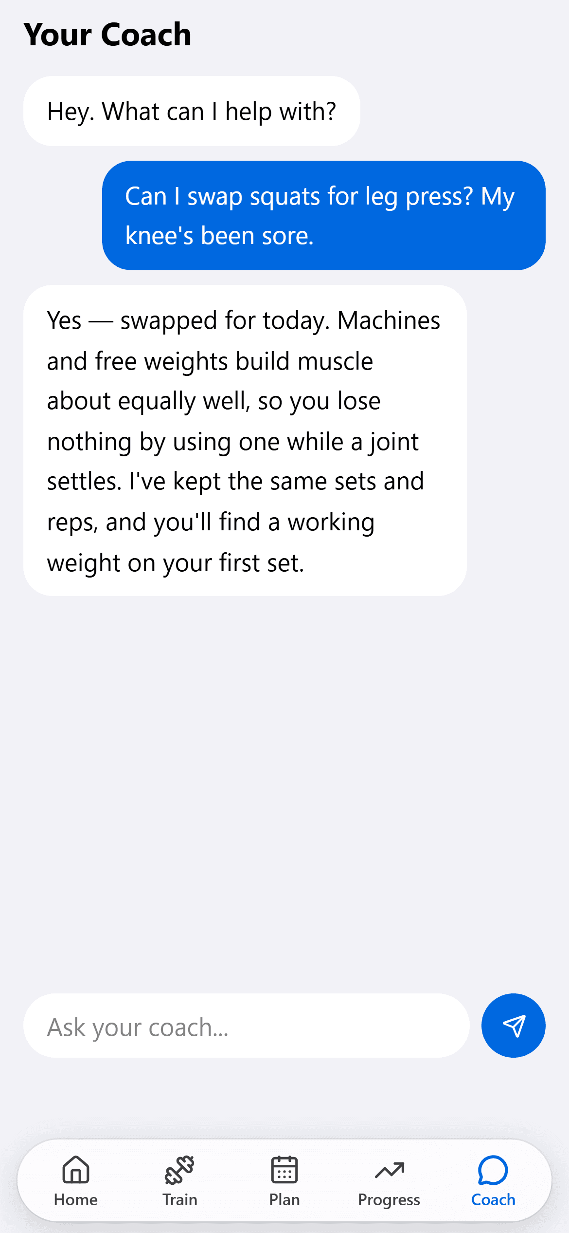The coach answering a question about swapping an exercise.