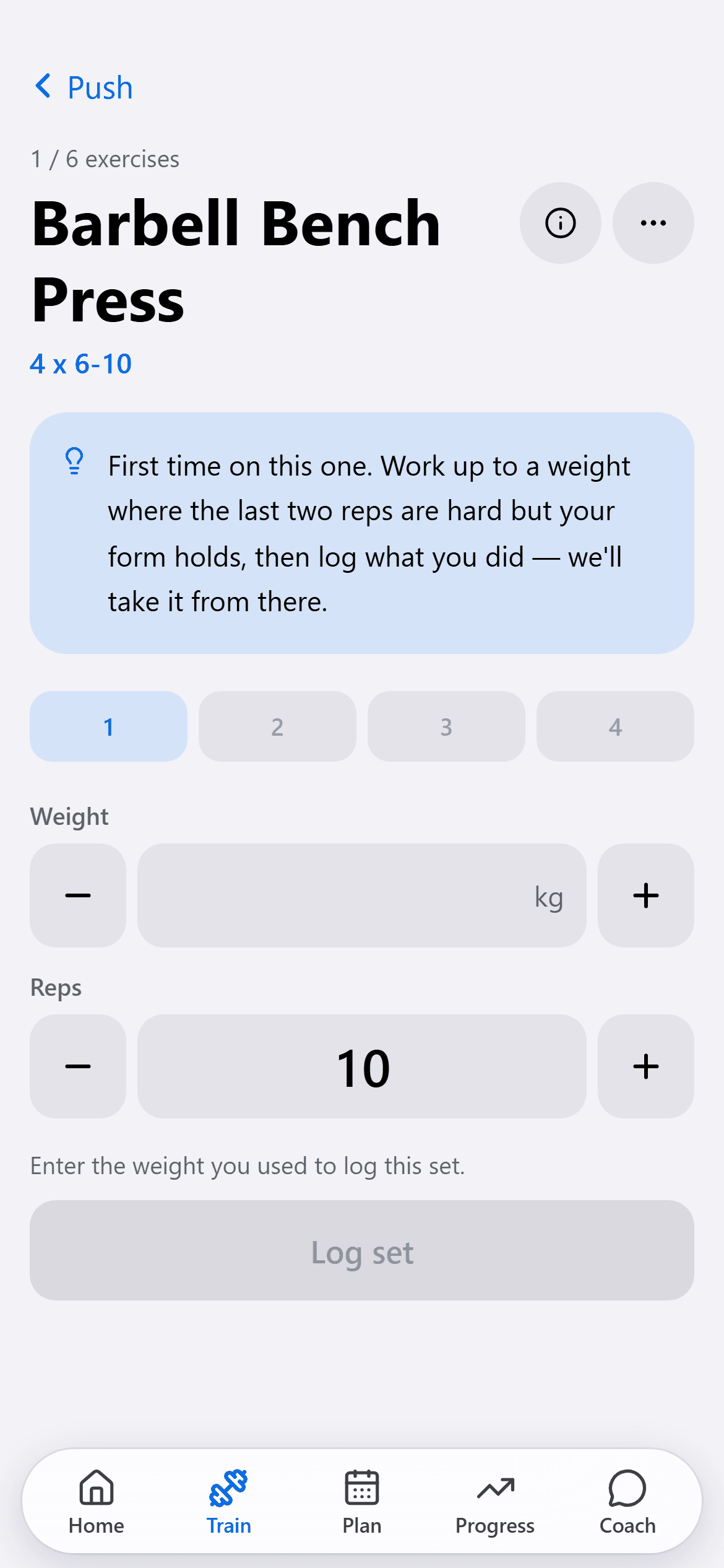Logging a set during a workout, with the rest timer counting down.